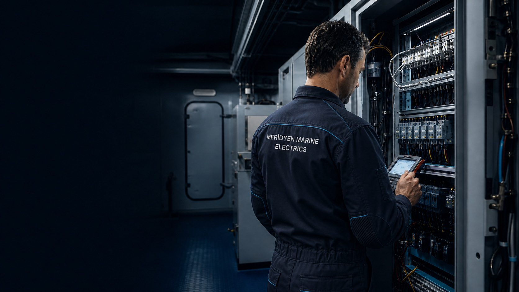 Meridyen Marine Electrics teknisyeni gemi panosunda çalışırken