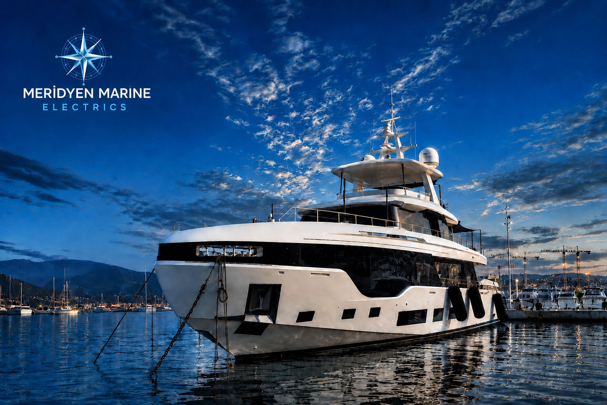 Mavi saatte limanda demirli motoryat — Meridyen Marine Electrics.