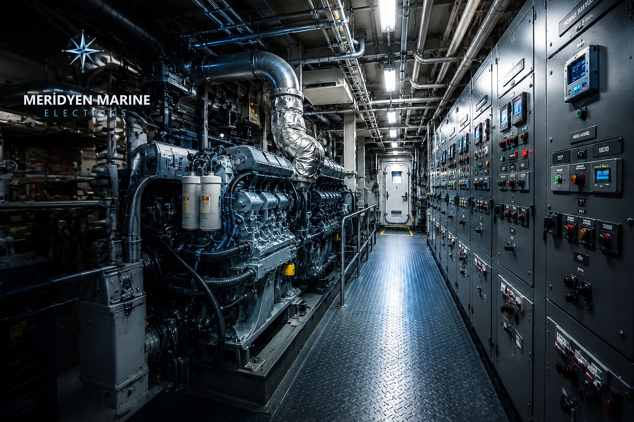 Gemi makine dairesi: ana makine ve elektrik panoları.